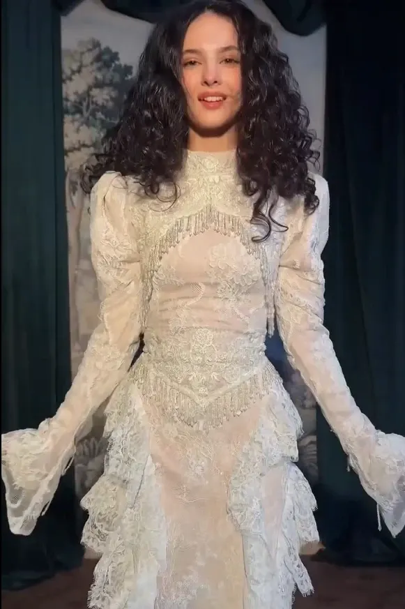 Lussooy Charming White High Neck Beading Ruffles Long Sleeves Prom Dress with Lace 
