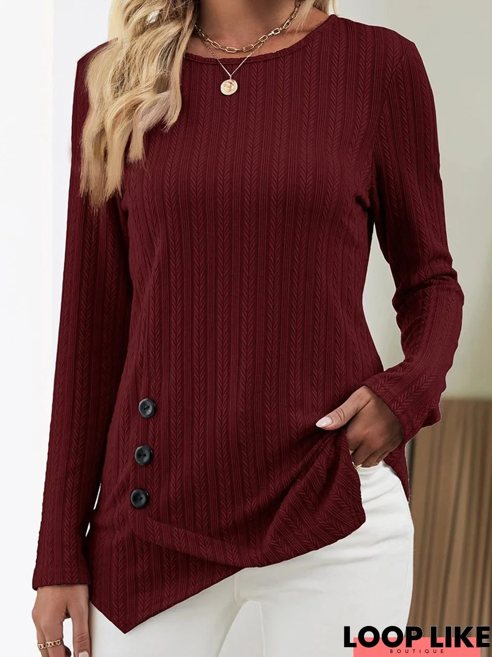 Plain Long Sleeve Buckle Crew Neck Casual Tunic T-shirt