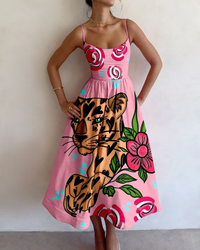 Rotimia Elegant pink leopard print slip dress