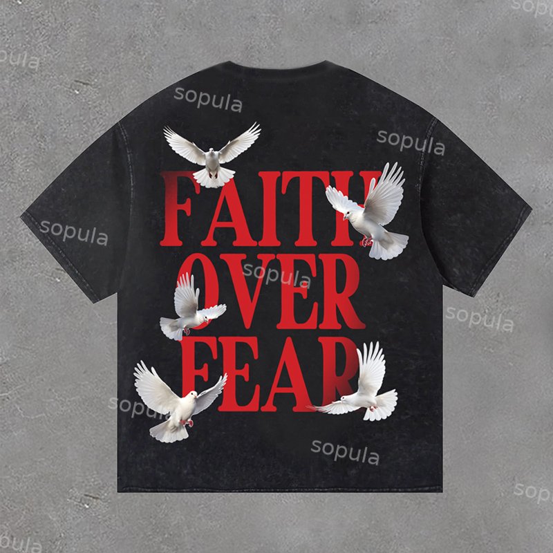 Sopula Vintage Washed Faith Over Fear Print Short Sleeve T-Shirt - SOPULA
