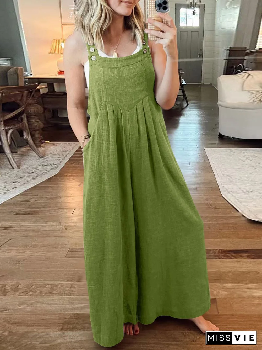 Women's Cotton Linen Sleeveless U-neck Colorful Solid Color Overalls Jumpsuit