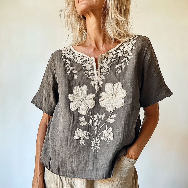 Utbros Women's Vintage Bohemian Floral Pattern Cotton And Linen Comfort Shirt