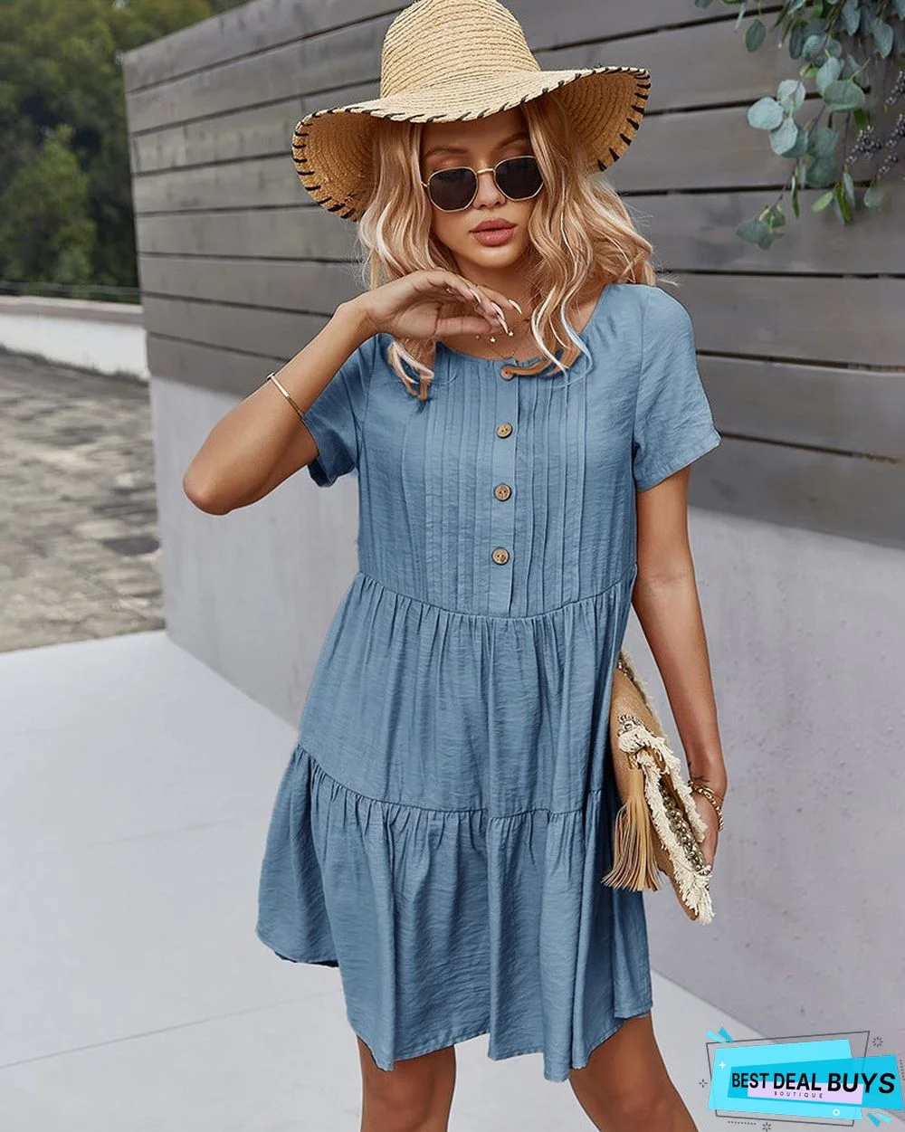 Women's Solid Color Dress Spring and Summer Short Sleeve Cotton Skirt