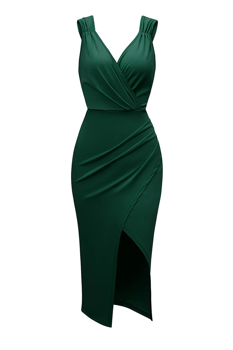 1950s Dark Green Formal Fold V Neck Crossover Hem Midi Dress