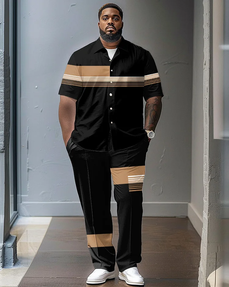 Striped Color Contrast Large Size Classic Printed Men's Short Sleeve Pants Set