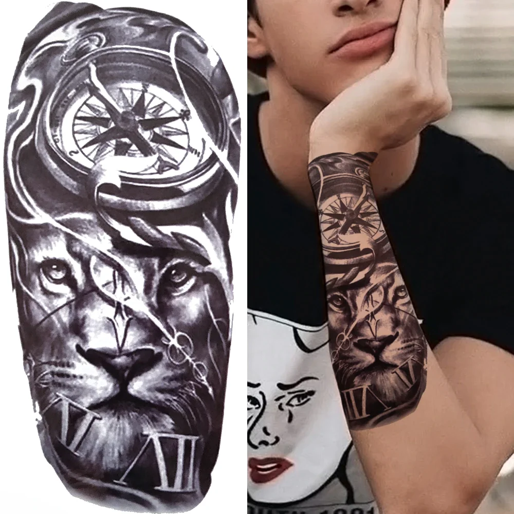 Sdrawing Fake Wolf Temporary Tattoo For Women Men Adult Black Forest Tattoos Sticker Compass Lion Skeleton Tribal Tatoo Paper