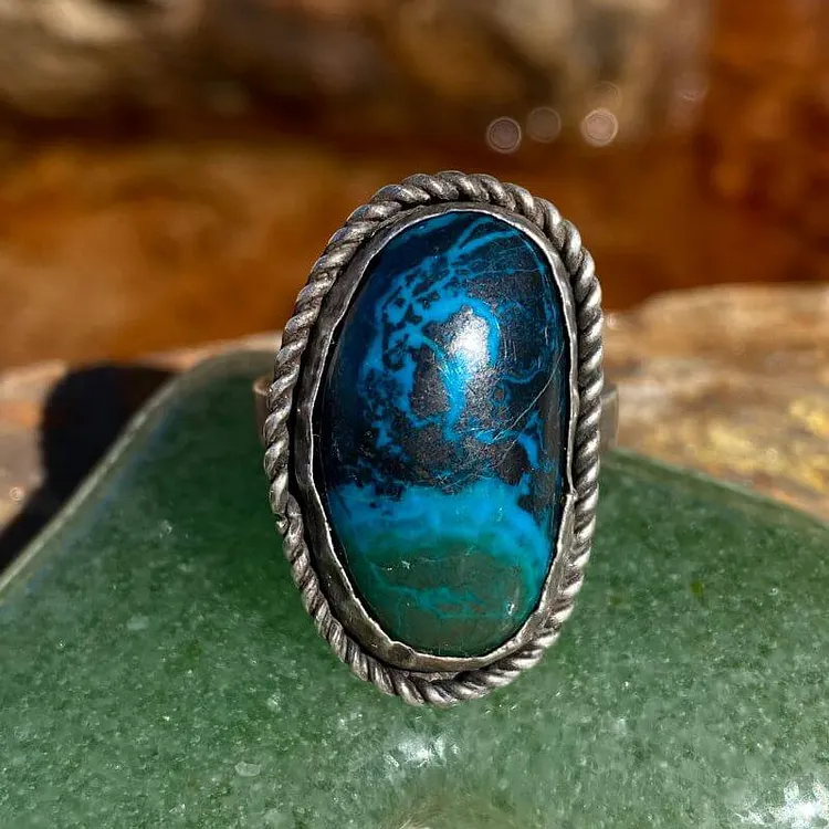 Stunning Chrysocolla in Black Blue and Green in Sterling Silver Size 7
