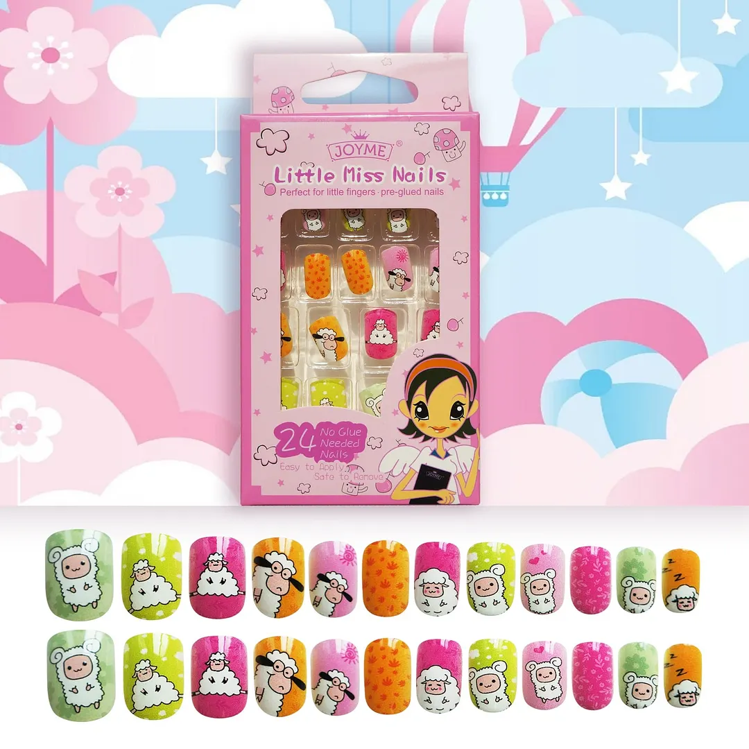 24Pcs/Set Press on Children Candy False Nail Tips Cartoon Full Cover Kid Pink Fake Nail Art for Little Girls Manicure Tool