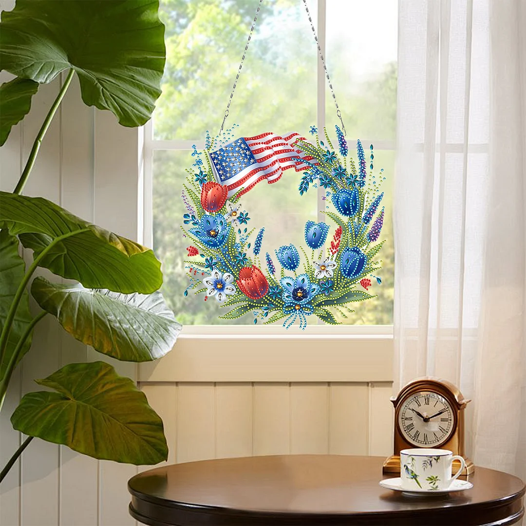 DIY Independence Day Wreath 5D Diamond Painting Dots Pendant for Window Wall