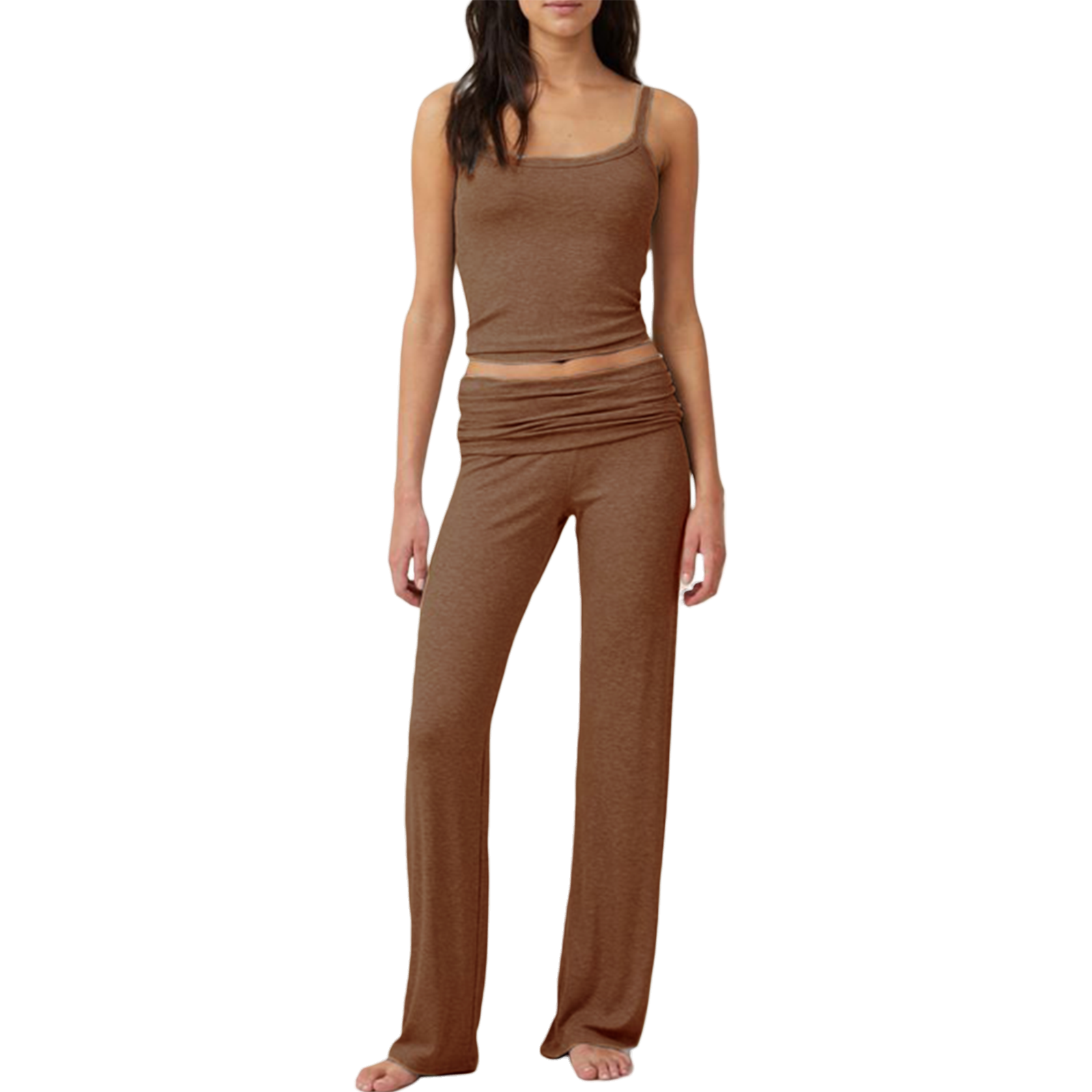 Maniros Women's Summer Outfits, Slim Scoop Neck Sleeveless Backless Cami Tops + Fold Over Long Pants 2 Piece Set