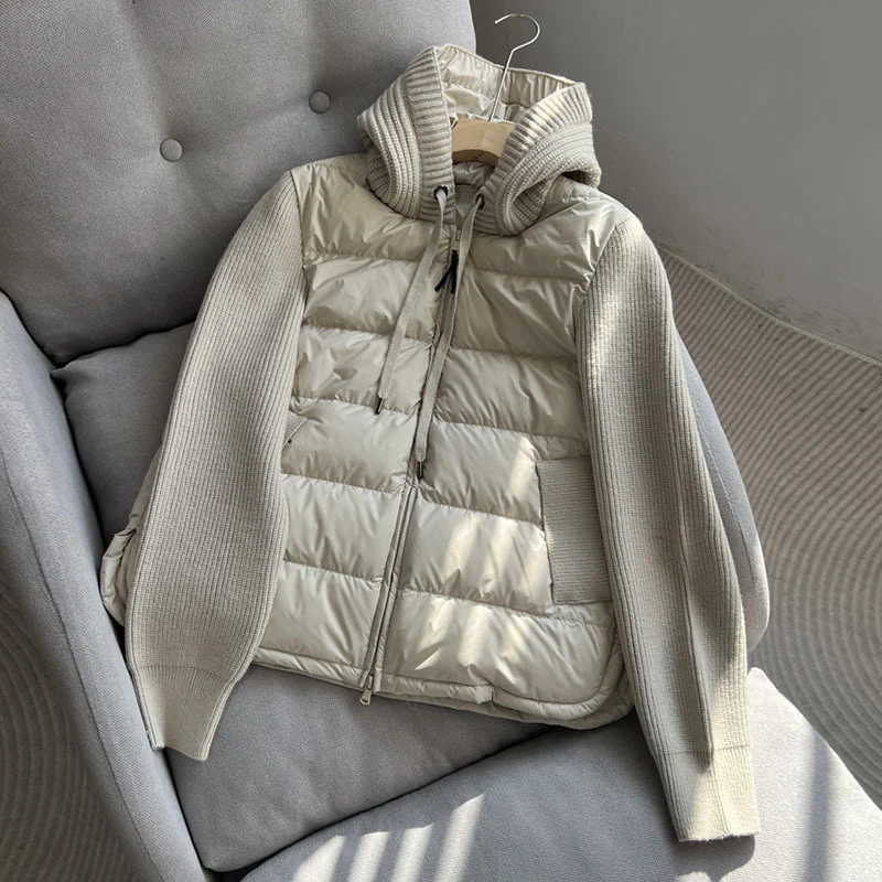 Woherb Knit Sleeve Splicing White Goose Down Down Jacket Female 2024 Winter Fashion High Luxury And Thick Hooded To Show Thin Korean Jacket-Outfit Ideas