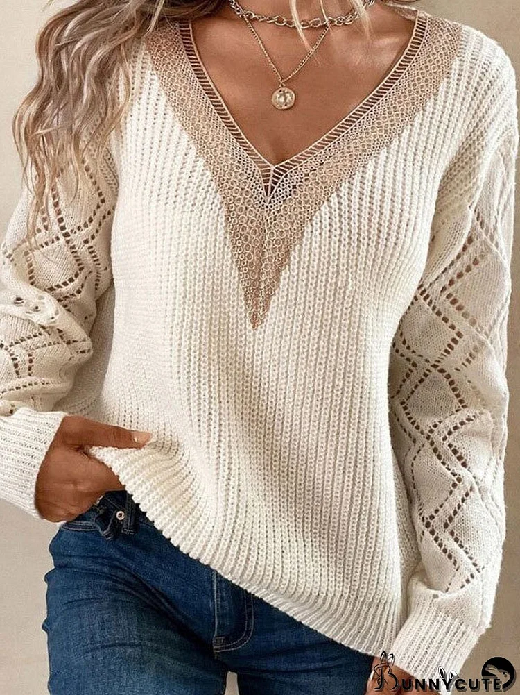 Women's Stitching Hollow Solid Color V-neck Long Sleeve Top