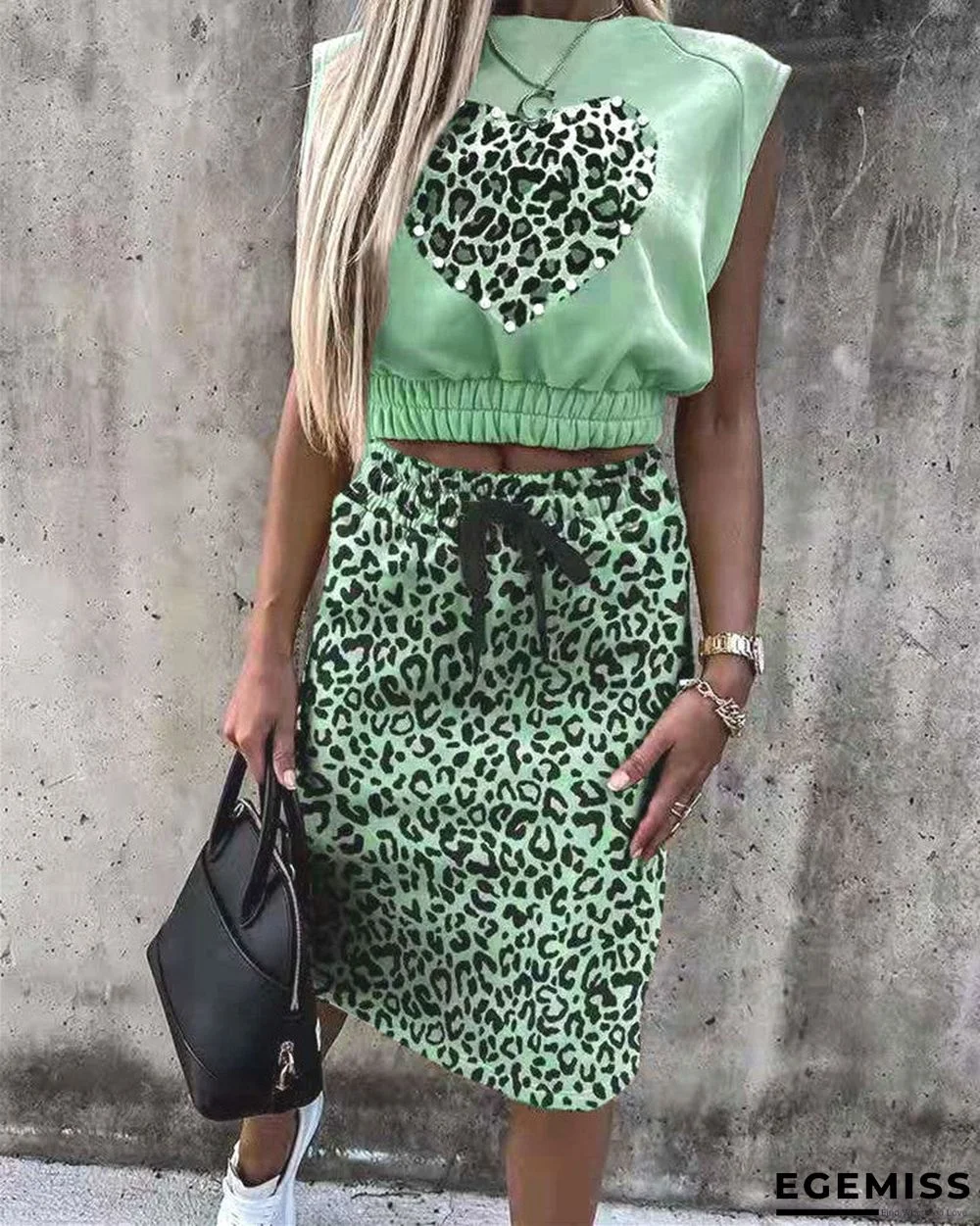 Women's Leopard Print Sleeveless Jacket Dress Two-piece Suit T-shirt | EGEMISS