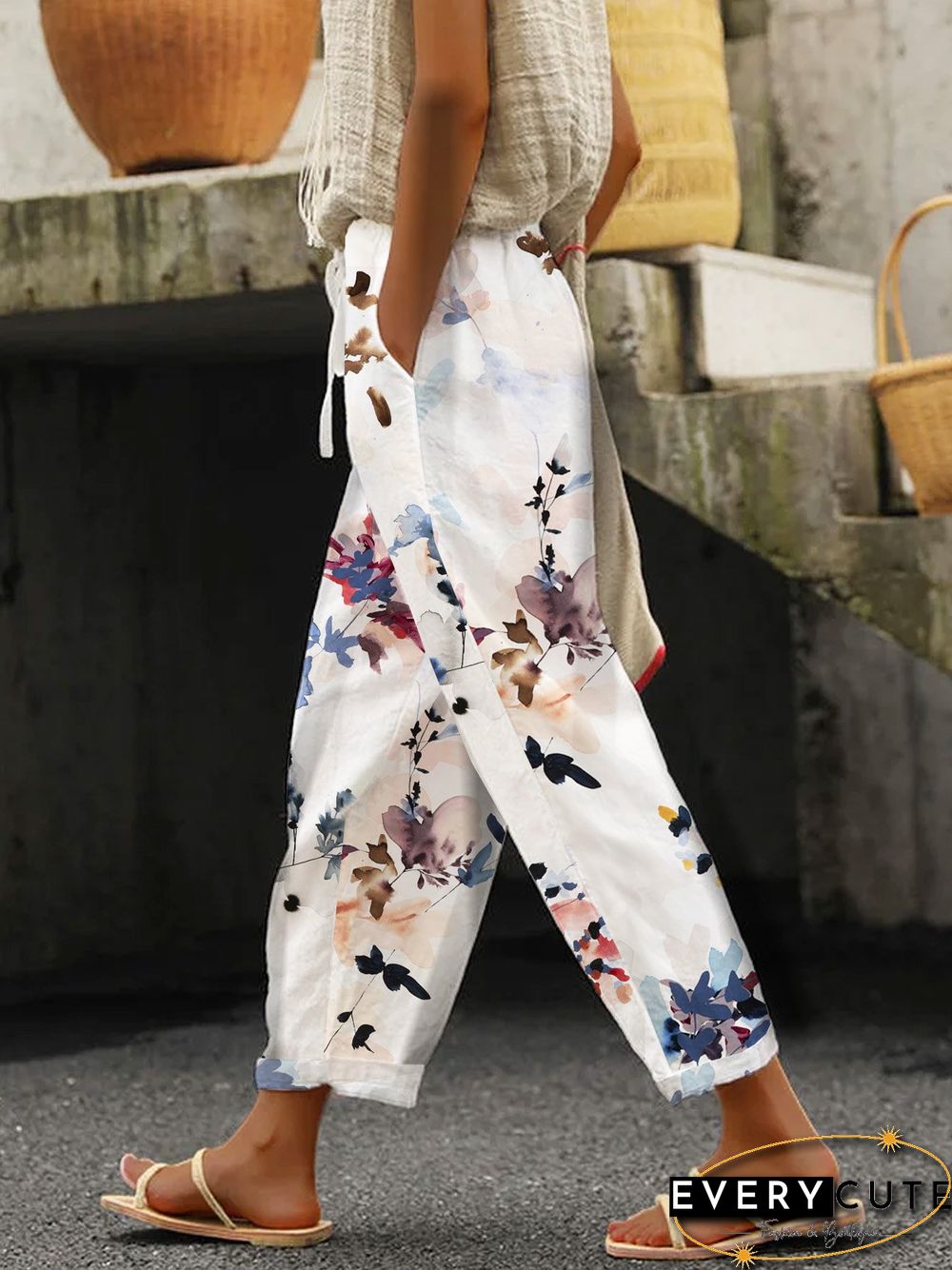 Women Casual Floral Autumn Natural No Elasticity Loose Hot List Regular Regular Size Casual Pants