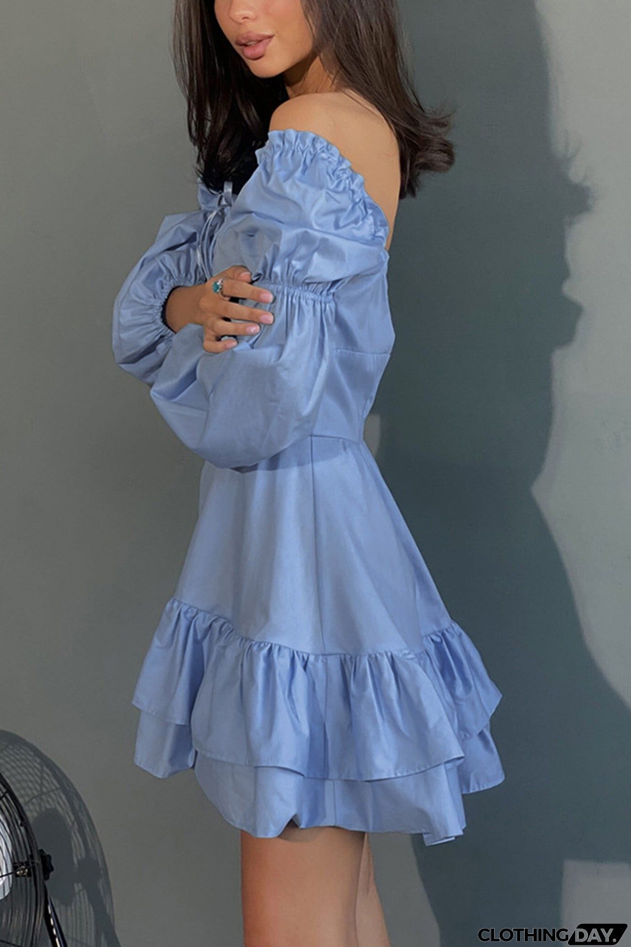 Puff Sleeve Single-breasted Ruffle Dress