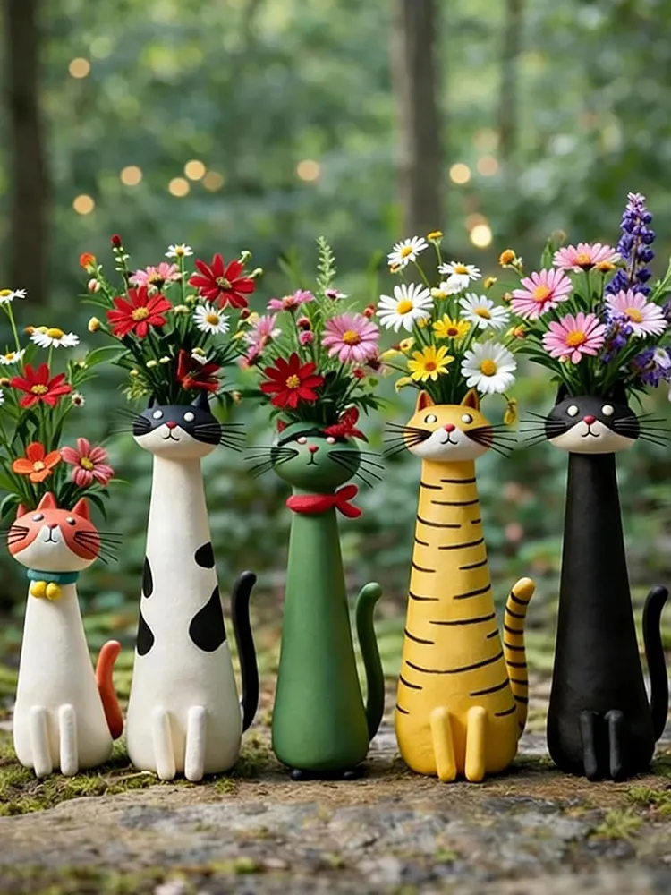 Handcrafted Quirky Cat Vase Modern Whimsical Resin Cat Flower Vase Creative Ornament for Living Room Office Study Home Decoration