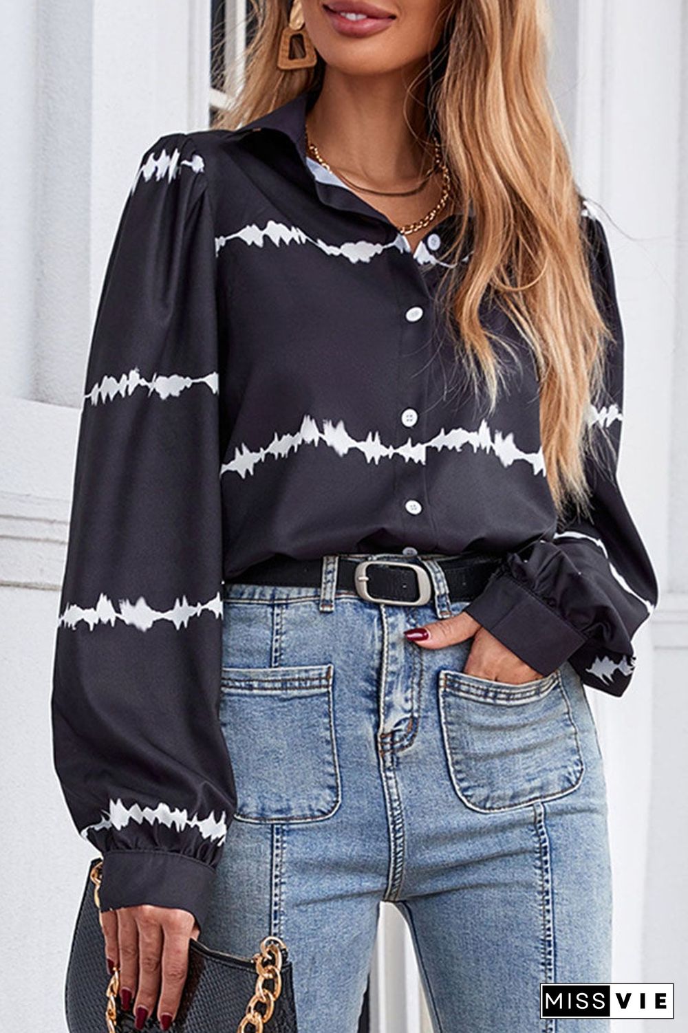 Fashion Street Print Split Joint Turndown Collar Tops