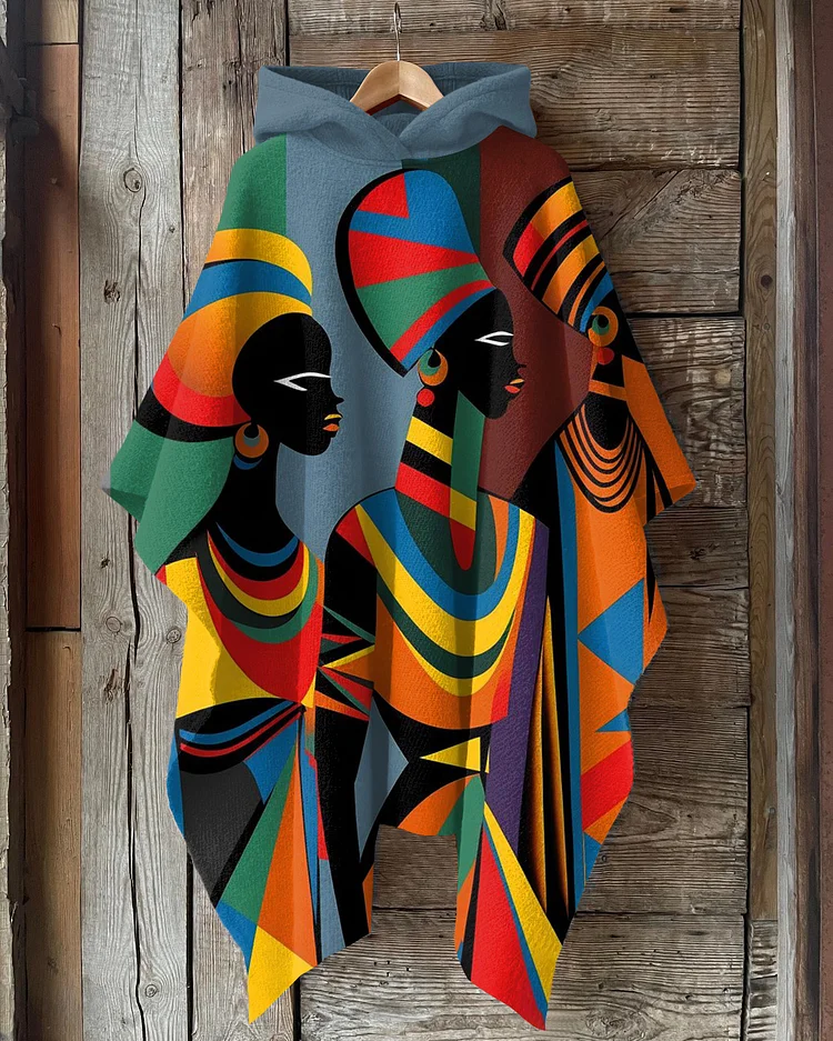 African Tribal Illustrations Hooded Warm Shawl Cape