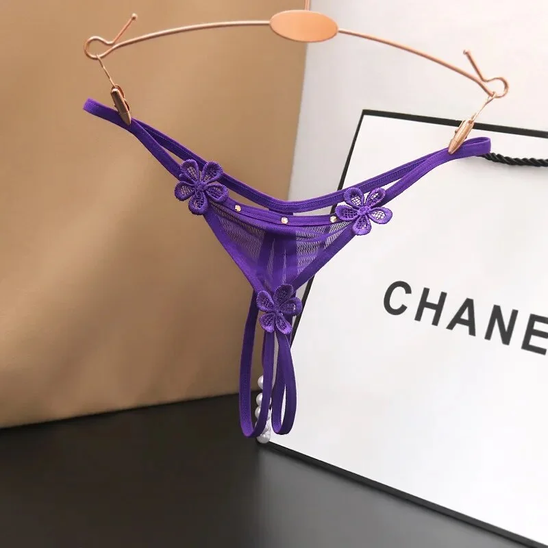 Billionm Women's Panties Sweet Underwear Open Crotch Thongs Embroidery Sexy Lingerie Erotic Beaded G-Strings Tanga g string