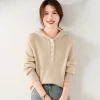 100% Cashmere Women Sweater Pullover Hoodie Long-sleeves Button Winter Thickening Warm Knit Tops 2024 New