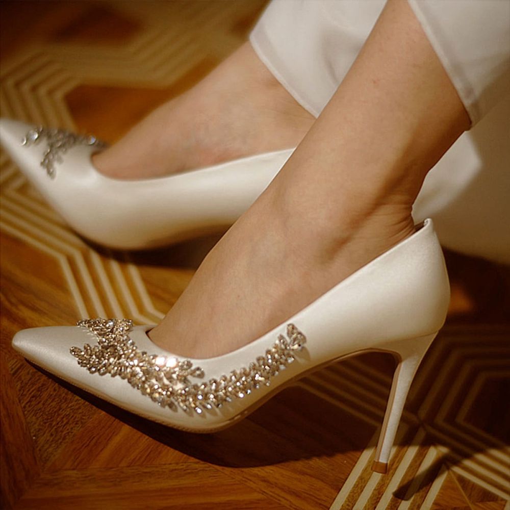 White Satin Bridal Shoes Pointed Toe Crystal Accents Pumps Heels Nicepairs