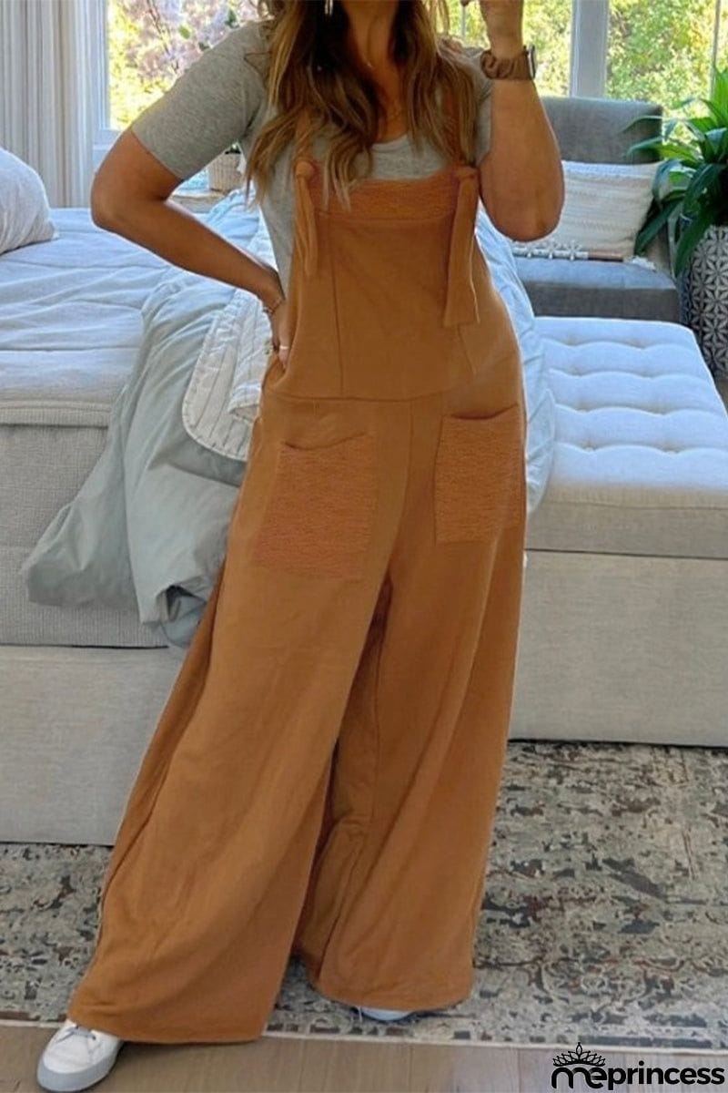 Casual Solid Pocket U Neck Loose Jumpsuits