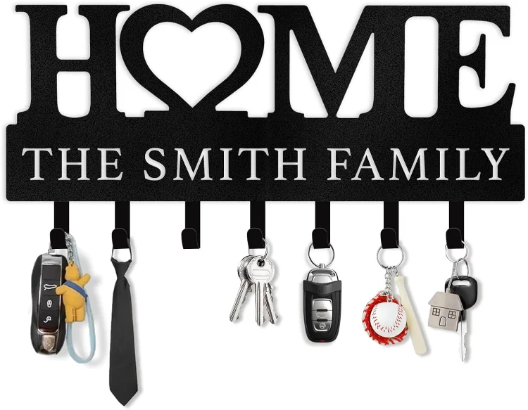 Personalized Home Key Holder for Wall Decorative, Custom Family Name Key Holder Wall Mount, Black Metal Key Rack for Living Room Entryway Hallway, Key Hanger for Housewarming Gift