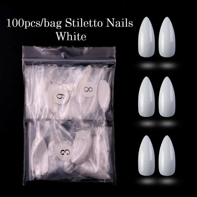 100pcs/opp White/Natural/Clear Nail Tips Long Stiletto Nails Fake Full Cover Flase Nails Artificial Press on Nails for Women DIY