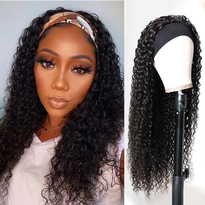 100% Human Hair Natural Black 150% Density Curly Headband Wig