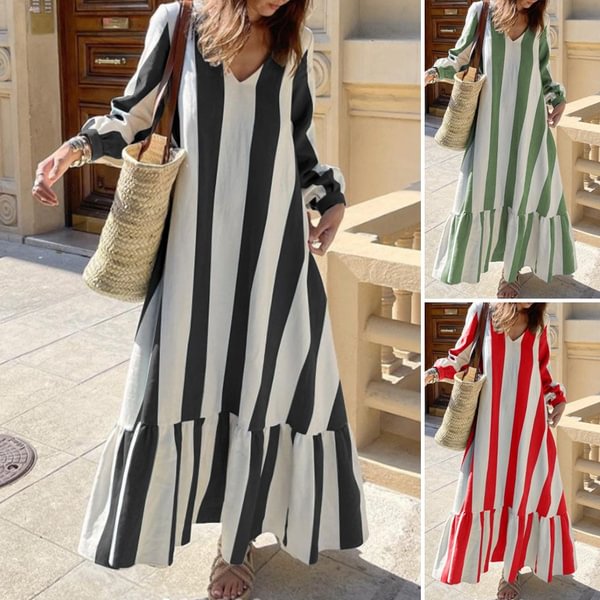 Spring Autumn Women Striped Elegant Long Dress Ruffle Hem Party Casual Loose Maxi Dress Plus Size - Life is Beautiful for You - SheChoic