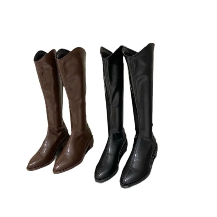 Wongn Wongn Versatile Fashion Leather Boots Thick Heel Pointed Long Boots Knight Boots Women's Shoes