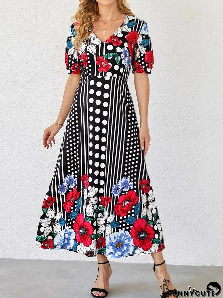 Women's Short Sleeve V-neck Polka Dot Floral Printed Midi Dress