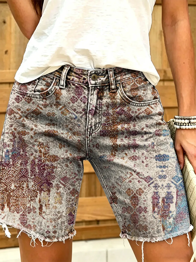 Ethnicity Totem Weathered Look Women's Art Print Casual Denim Shorts