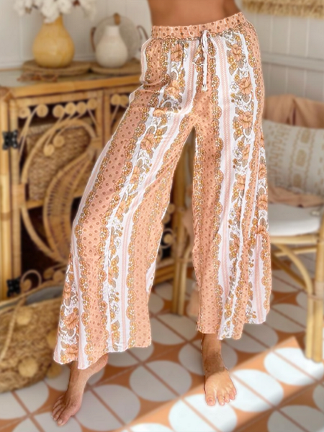 Bohemian Ethnic Print Elastic Waist Tie 9 Points Wide Leg Trousers
