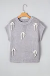 Women's Elegant Grey Bowknot Applique Cap Sleeve Crew Neck Sweater