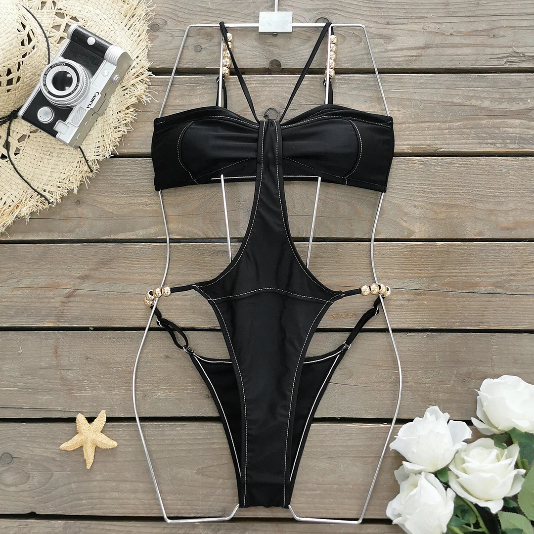 Uveng Solid Color Sling With High Open-Fork One-Piece Swimsuit Woman 2025 New All-In-One Sexy Swimsuit