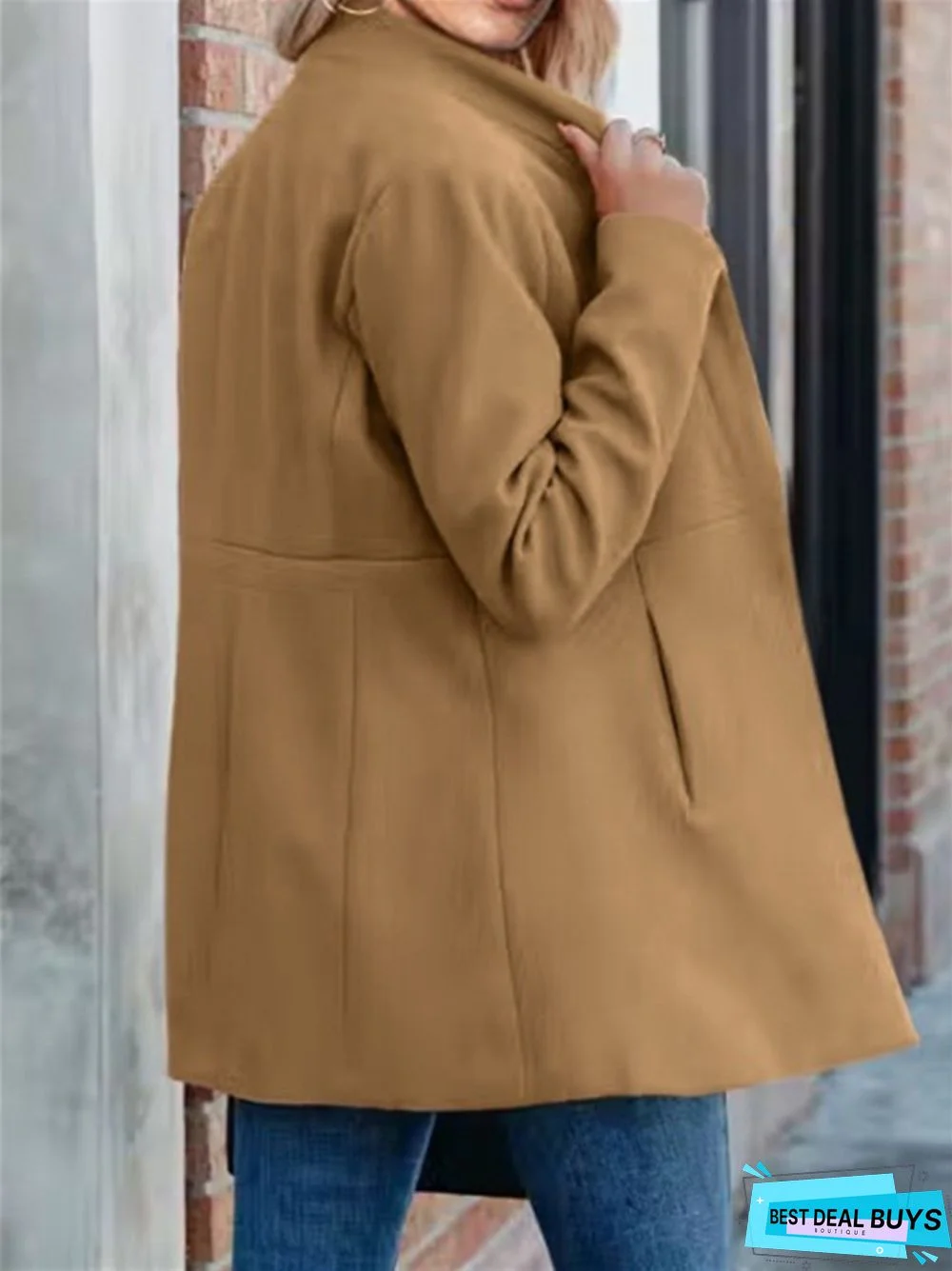 Solid Color Slim Long Sleeve Pocket Ladies Coat