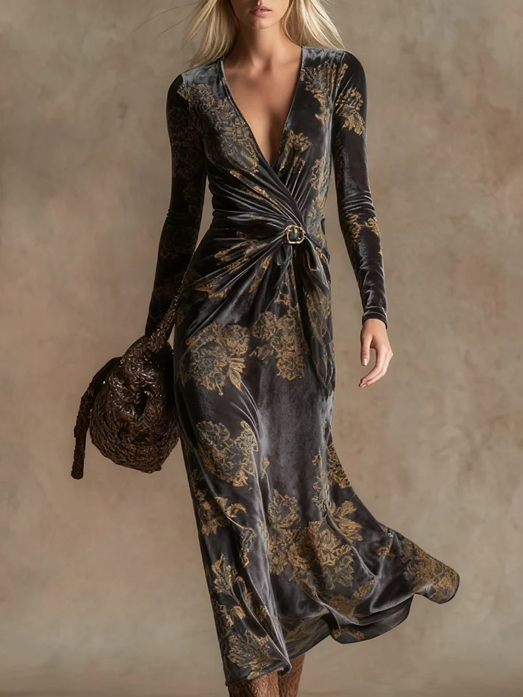 Elegant vintage print V-neck velvet maxi dress