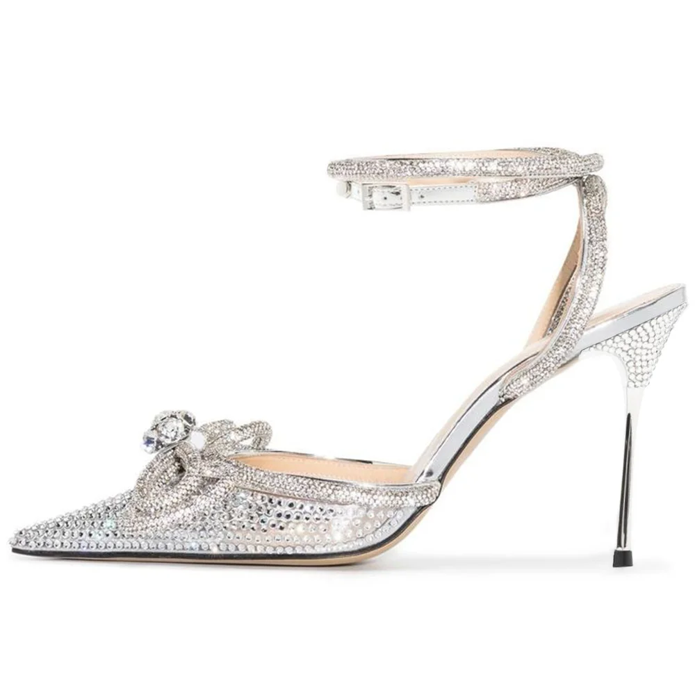 Silver Closed Pointed Toe Rhinestone Strappy Pumps With Decorative Heels Nicepairs