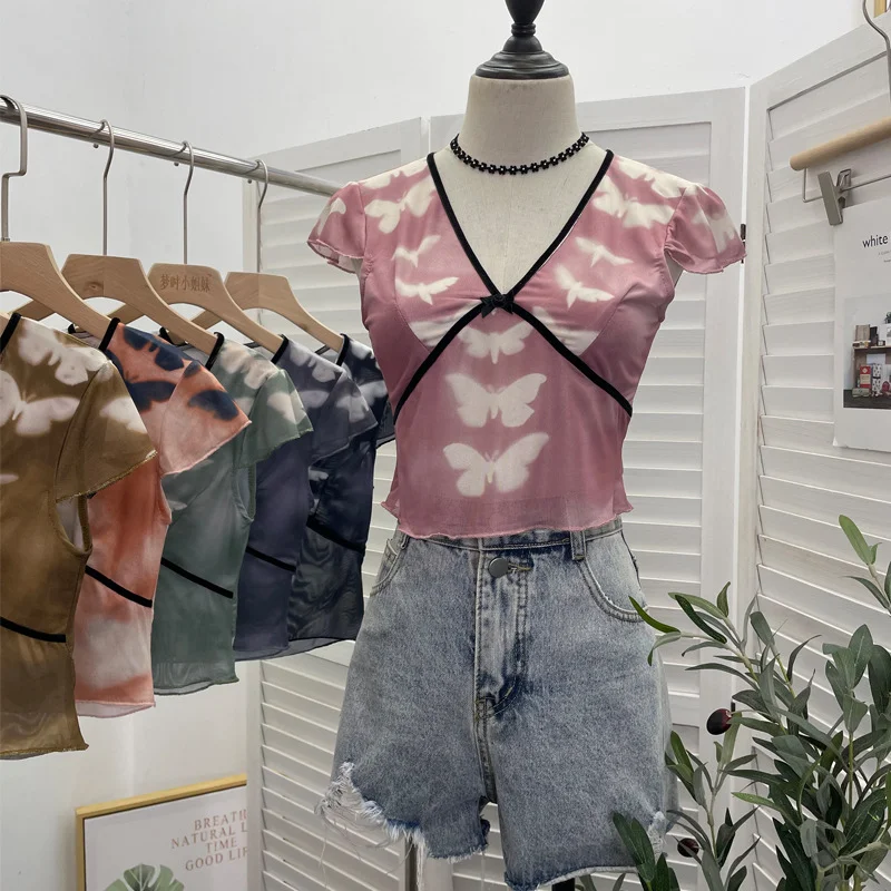 Uveng Sexy Hottie V-Neck Butterfly Print Short-Sleeved T-Shirt Slime Short-Navel Net T-Shirt Girl 9920