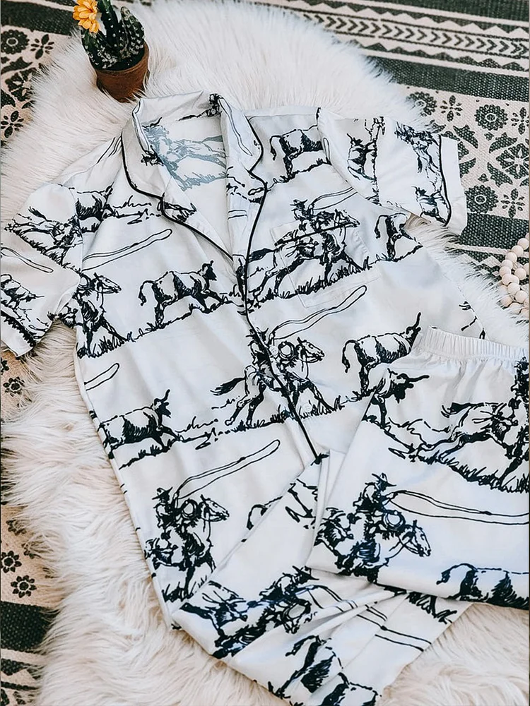 White Casual Cowboy Print  Pajama Set