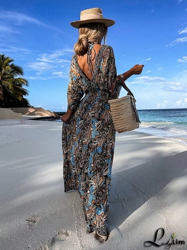 Long Dress Maxi Dress Sundress Boho Dress Print Dress Print Fashion Bohemian Holiday Vacation Going out Print Half Sleeve V Neck Dress Regular Fit Blue Purple Green Summer Spring S M L XL XXL for Women