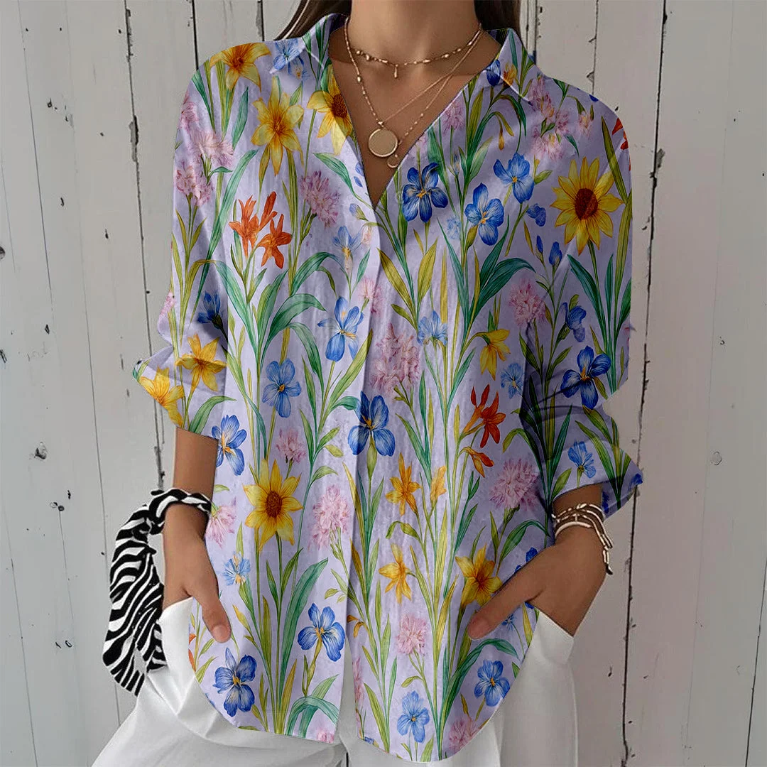 Style & Comfort for Mature Women Women Floral,Purple,Yellow DZCL0261 3/4 Sleeve Shirt Collar Printed Button Tops