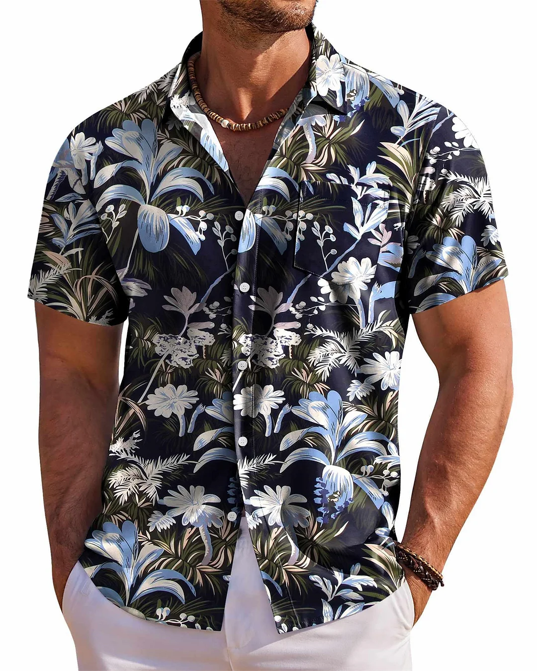 Men's Palm Tree Hawaiian Tropical Print Casual Pocket Short Sleeve Shirt  1384