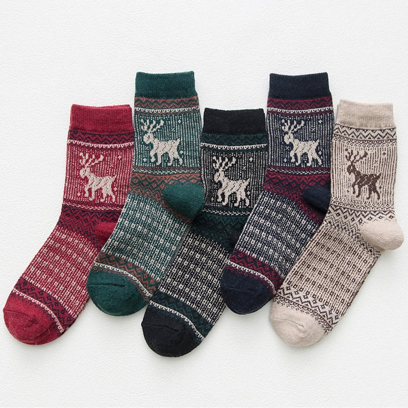 Christmas Fawn Warm Ethnic Style Unisex Mid-Cut Wool Socks（five pairs）