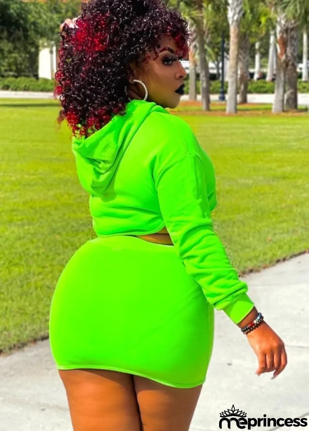 Autumn Causal Plus Size Green Open With Chain Crop Top and Mini Dress Set