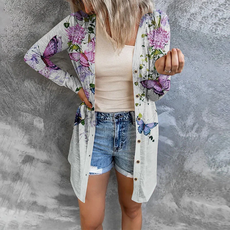 New Casual All-Match Smock Streetwear Women Autumn Harajuku Floral Print Long Cardigan Vintage Ladies Loose Button Coats Jackets