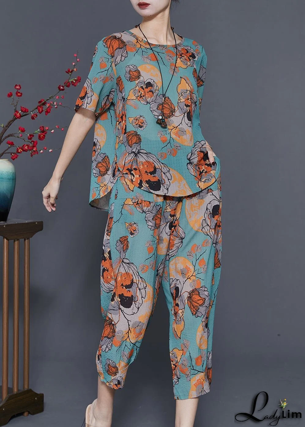 DIY Blue Oversized Print Linen Two Pieces Set Summer