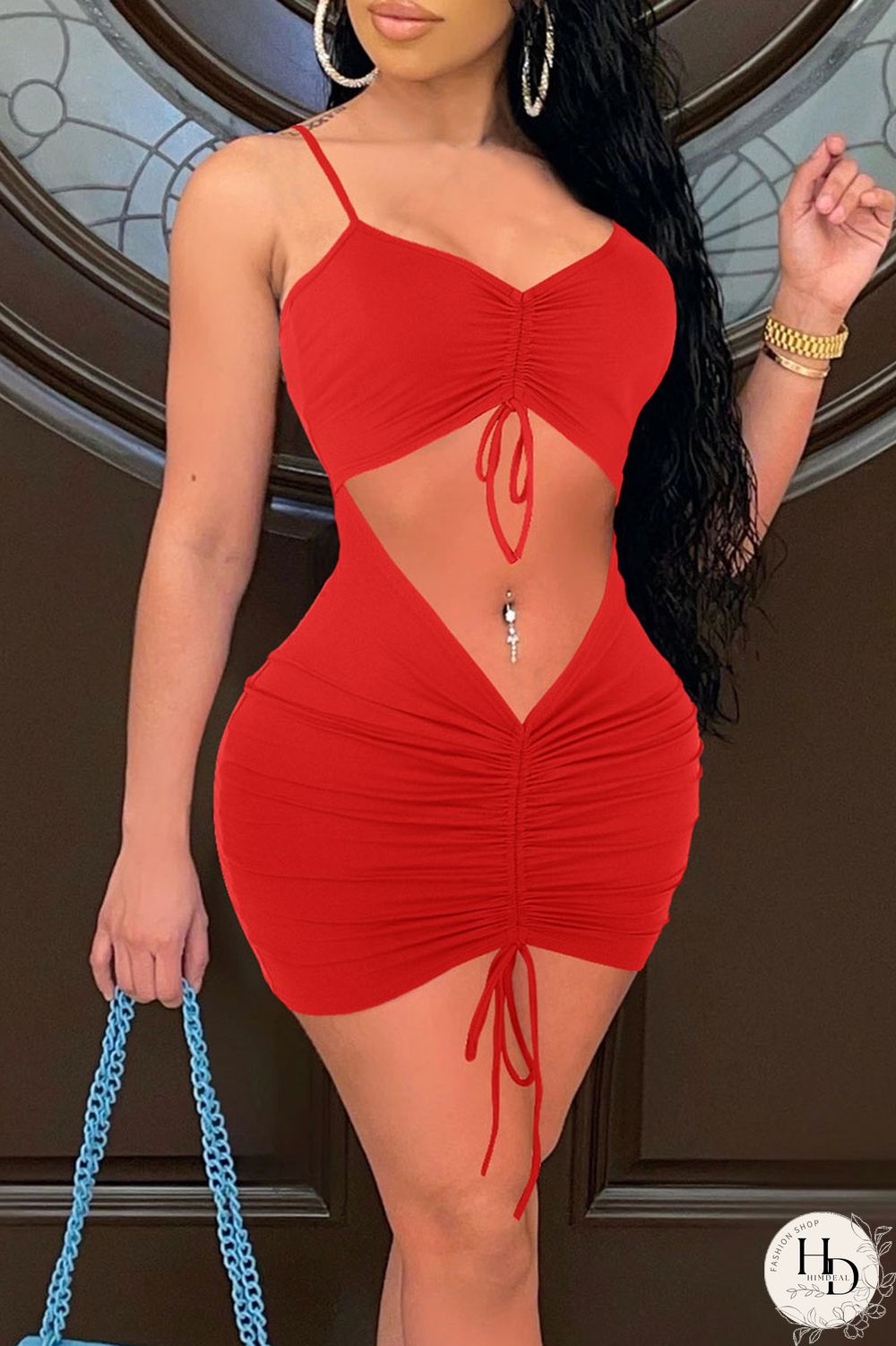 Yellow Sexy Solid Split Joint Draw String Fold Spaghetti Strap Pencil Skirt Dresses