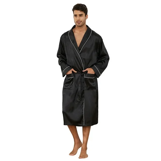 Vulcanodon Men&rsquo;s Satin Robe Lightweight,Men's Luxurious Silk Kimono Bathrobe（Black, Large-X-Large
